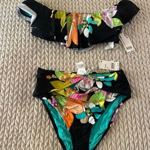 Trina Turk Black Floral Ruffle top Bikini